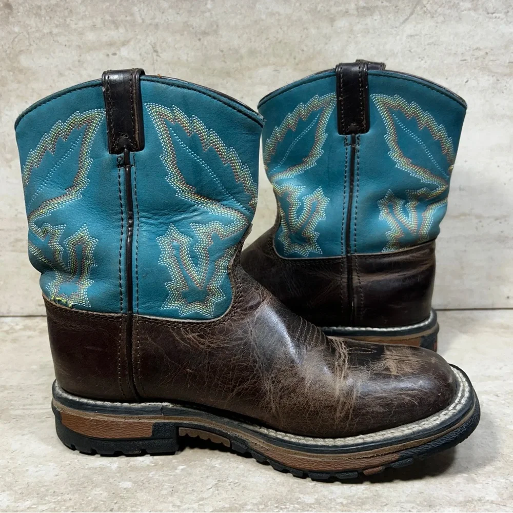 Rocky Kids Western Boots Brown‎ Leather Teal Blue Stitched Square Toe Pull On